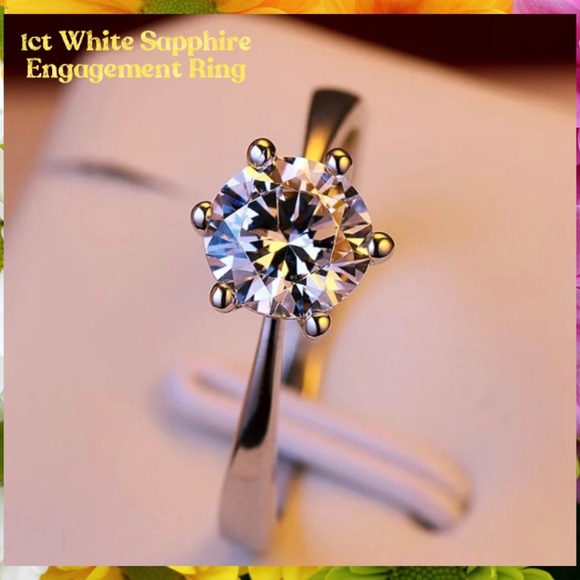 1ct White Sapphire Solitaire 925 Silver Engagement Promise Ring - Picture 4 of 7